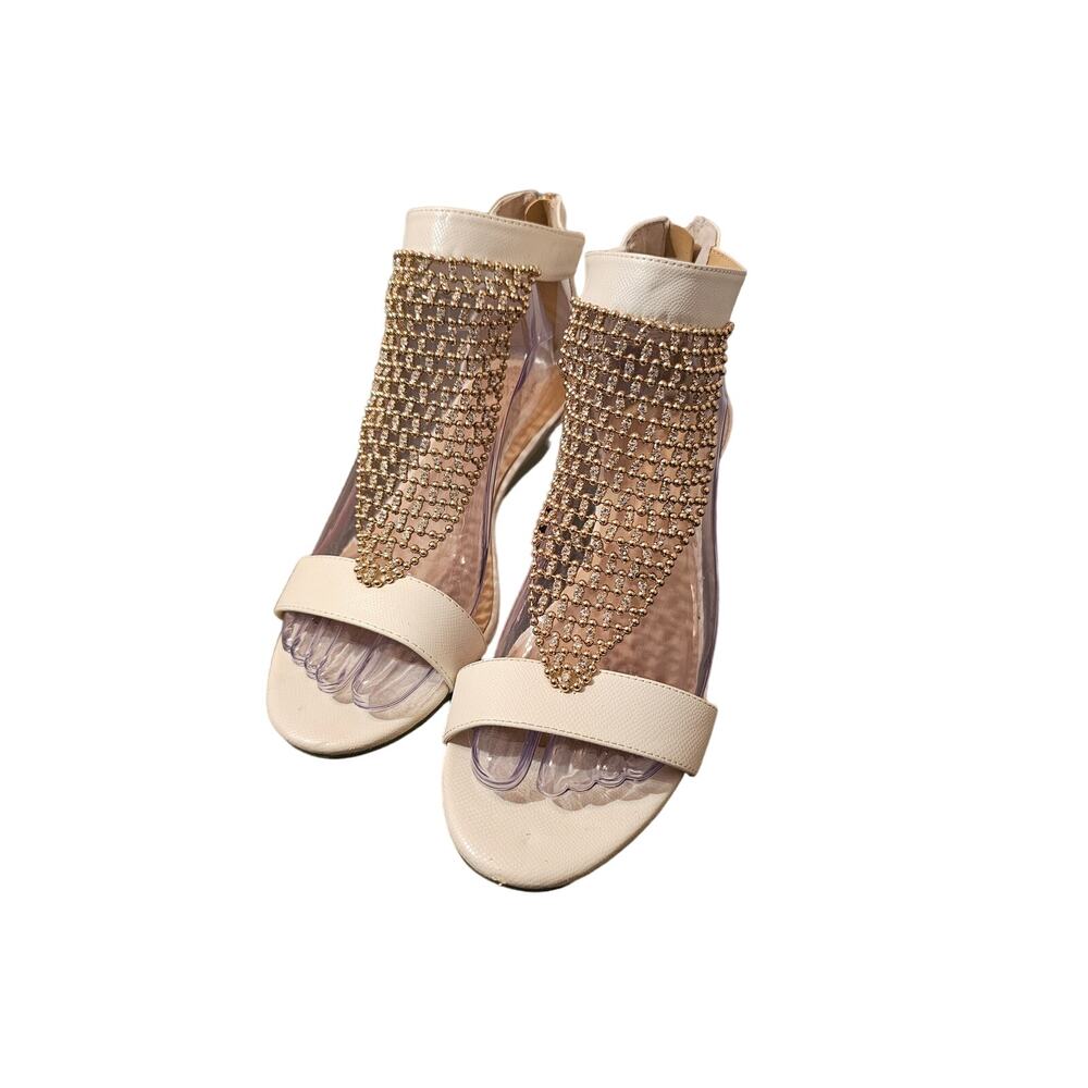 Thalia Sodi Tibby Mesh Pearl White Wedge Sandals Clear Rhinestones Sz 8‎ M